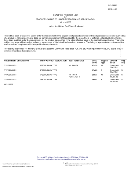 NAVY QPL-16235-2019  Heater, Ventilation, Duct Type, Shipboard