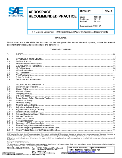 SAE ARP5015B-2018  (R) Ground Equipment - 400 Hertz Ground Power Performance Requirements