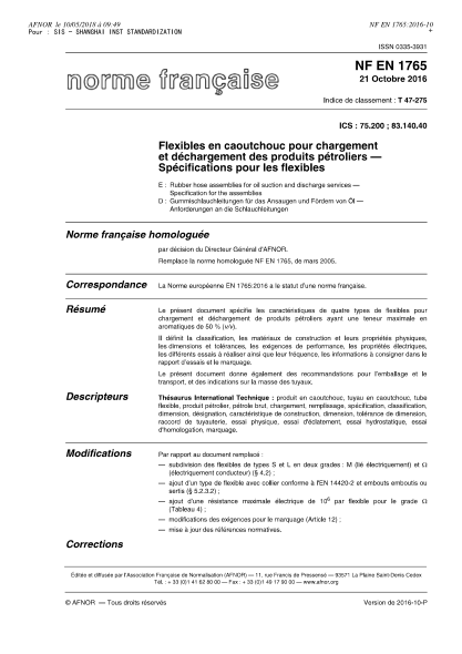 NF T47-275-2016   Rubber hose assemblies for oil suction and discharge services - Specification for the assemblies