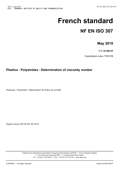 NF T51-173-2019   Plastics - Polyamides - Determination of viscosity number