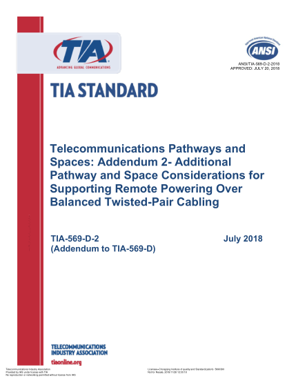 TIA 569-D-2-2018  Telecommunications Pathways And Spaces: Addendum 2- Additional Pathway And Space Considerations For Supporting Remote Powering Over Balanced Twisted-Pair Cabling (Addendum To Tia-569-D)