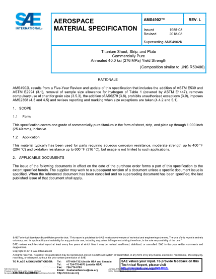 SAE AMS4902L-2018  Titanium Sheet, Strip, And Plate Commercially Pure Annealed 40.0 Ksi (276 Mpa) Yield Strength (Uns R50400)