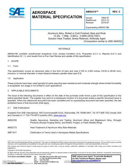 SAE AMS4319C-2019  Aluminum Alloy, Rolled Or Cold Finished, Bars And Rods 12.2Si - 1.0Mg - 0.90Cu - 0.90Ni (4032-T651) Solution Heat Treated, Stress Relieved, Artificially Aged (Uns A94032)