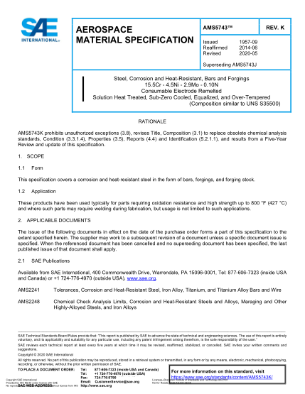 SAE AMS5743K-2020  Steel, Corrosion And Heat-Resistant, Bars And Forgings 15.5Cr - 4.5Ni - 2.9Mo - 0.10N Consumable Electrode Remelted Solution Heat Treated, Sub-Zero Cooled, Equalized, And Over-Tempered (Uns S35500)