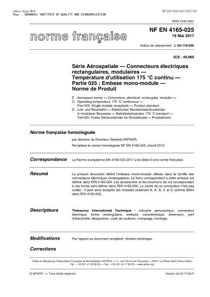 NF L54-110-025-2017   Aerospace series-Connectors, electrical, rectangular, modular-Operating temperature 175 oC continuous-Part 025-single module receptacle-Product standard