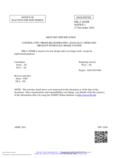 NAVY MIL-C-6026B NOTICE 1-2018  Control Unit, Pressure Generating, Manually Operated Aircraft Hydraulic Brake System