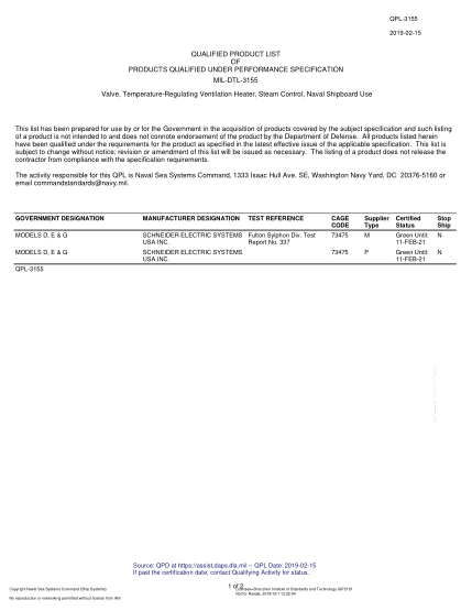 NAVY QPL-3155-2019  Valve, Temperature-Regulating Ventilation Heater, Steam Control, Naval Shipboard Use