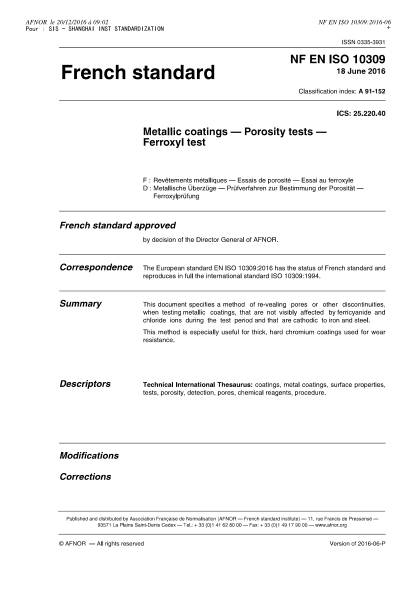 NF A91-152-2016   Metallic coatings - Porosity tests - Ferroxyl test