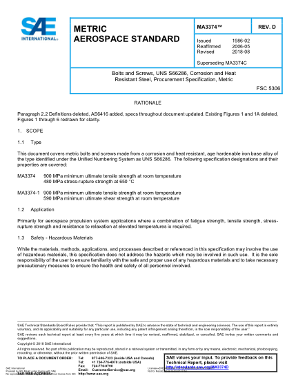 SAE MA3374D-2018  Bolts And Screws, Uns S66286, Corrosion And Heat Resistant Steel, Procurement Specification, Metric