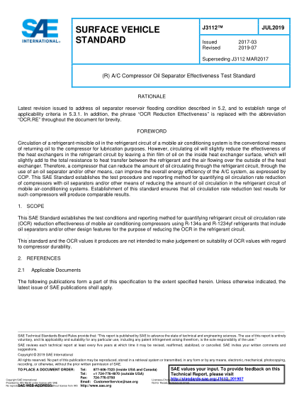 SAE J3112-2019  (R) A/C Compressor Oil Separator Effectiveness Test Standard