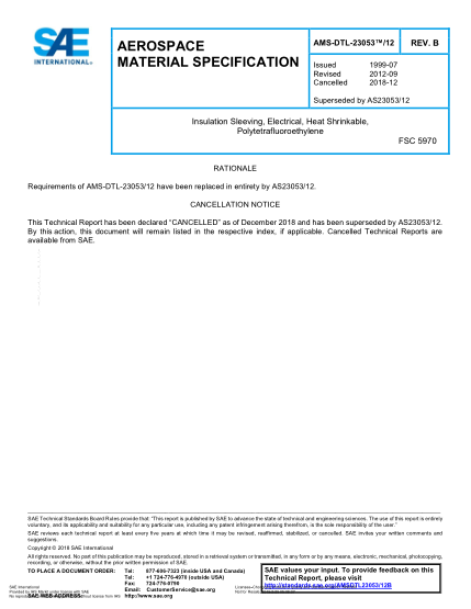 SAE AMS-DTL-23053/12B-2018  Insulation Sleeving, Electrical, Heat Shrinkable, Polytetrafluoroethylene