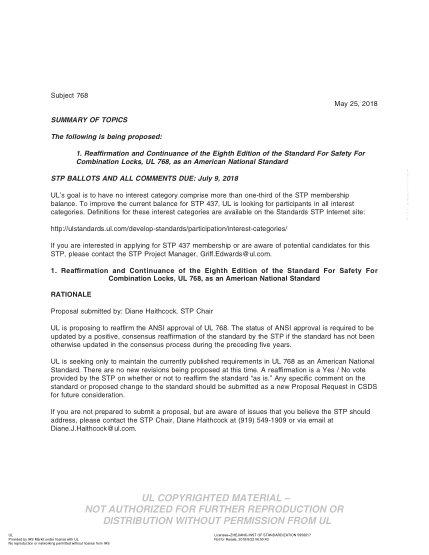 UL 768 BULLETIN-2018  UL Standard For Safety Combination Locks (Comments Due: July 9, 2018)