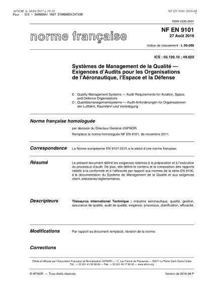 NF L00-095-2016   Quality management systems - Audit requirements for aviation, space, and defence organisations