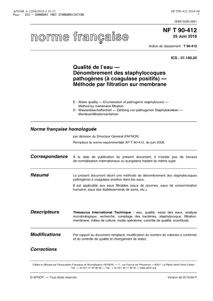 NF T90-412-2016   Water quality - Enumeration of pathogenic staphylococci - Method by membrane filtration