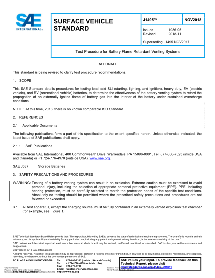 SAE J1495-2018  Test Procedure For Battery Flame Retardant Venting Systems