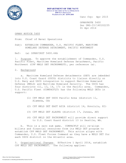 NIDS OPNAV NOTE 5400 14U102235-2014  (Ser Dns-33/14U102235) Establish Commander,U.S. Pacific Fleet,Maritime Homeland Defense Detachment,Pacific Northwest