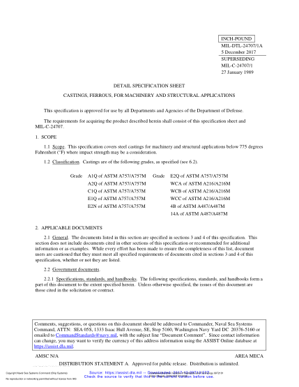 NAVY MIL-DTL-24707/1A-2017  Castings,Ferrous,For Machinery And Structural Applications