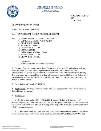 NIDS OPNAV 1754.2F-2017  (N17) Exceptional Family Member Program