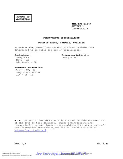 NAVY MIL-PRF-8184F VALID NOTICE 1-2019  Plastic Sheet, Acrylic, Modified