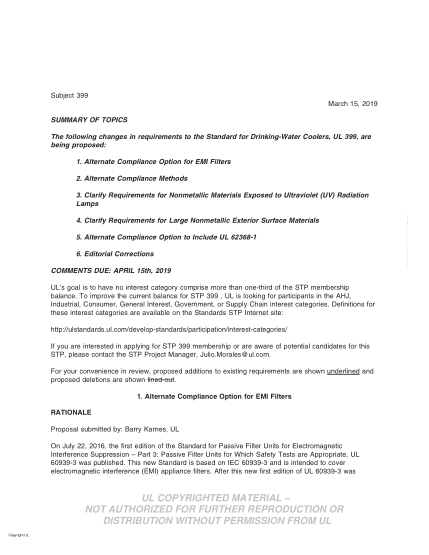 UL 399 BULLETIN/2-2019  UL Standard For Safety Drinking Water Coolers (Comments Due: April 15Th, 2019)