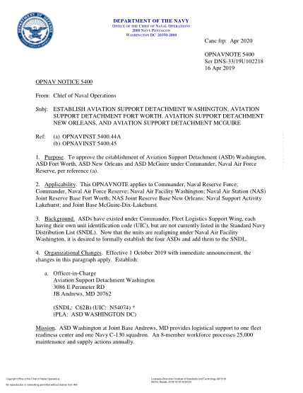 NIDS OPNAV NOTE 5400 19U102218-2019  (Ser Dns-33/19U102218) Establish Aviation Support Detachment Washington, Aviation Support Detachment Fort Worth, Aviation Support Detachment New Orleans, And Aviation Support Detachment Mcguire