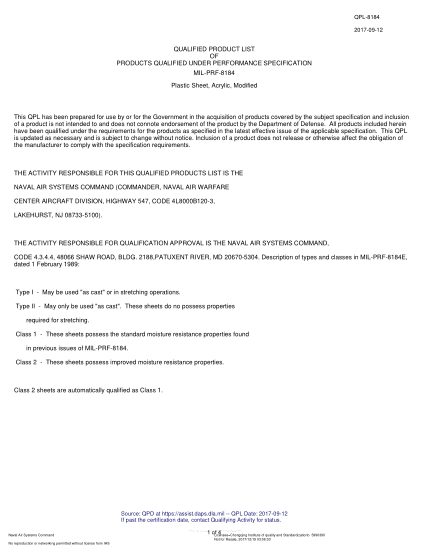NAVY QPL-8184-2017  Plastic Sheet,Acrylic,Modified