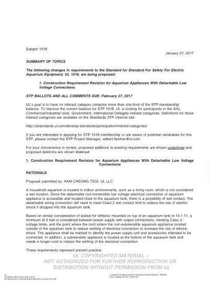 UL 1018 BULLETIN/2-2017  UL Standard for Safety Electric Aquarium Equipment (COMMENTS DUE: February 27, 2017)