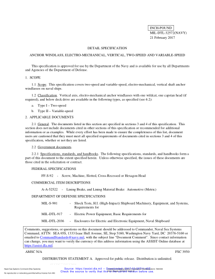 NAVY MIL-DTL-32572-2017  Anchor Windlass,Electro-Mechanical,Vertical,Two-Speed And Variable-Speed