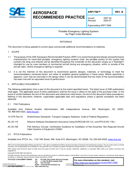 SAE ARP1798B-2020  Portable Emergency Lighting Systems For Flight Crew Members