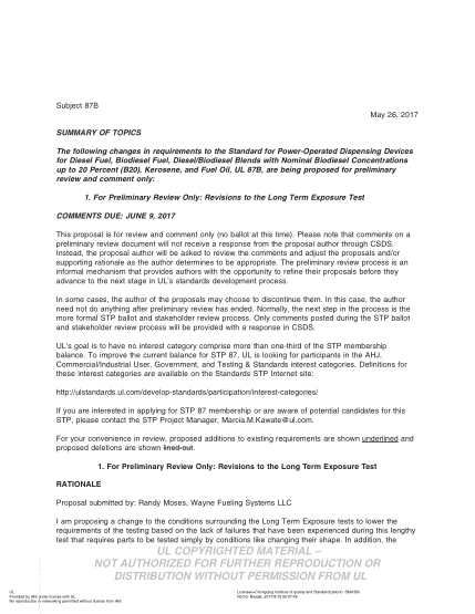 UL 87B BULLETIN-2017   Ul Outline Of Investigation For Power-Operated Dispensing Devices For Diesel Fuel, Biodiesel Fuel, Diesel/Biodiesel Blends With Nominal Biodiesel Concentrations Up To 20 Percent (B20), Kerosene, And Fuel Oil (Comments Due: June 9, 2