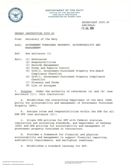 NIDS SECNAV 5200.43-2018  (Asn(Rd&A)) Government Furnished Property, Accountability And Management