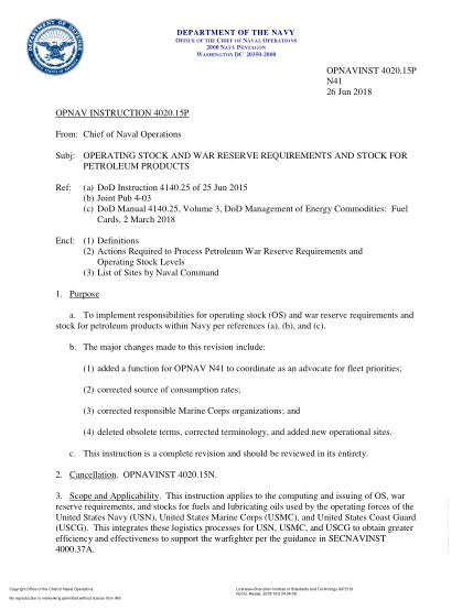 NIDS OPNAV 4020.15P-2018  (N41) Operating Stock And War Reserve Requirements And Stock For Petroleum Products