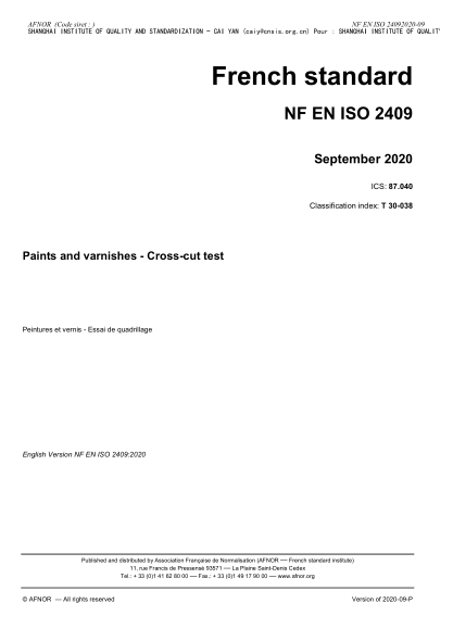 NF T30-038-2020  Paints and varnishes - Cross-cut test