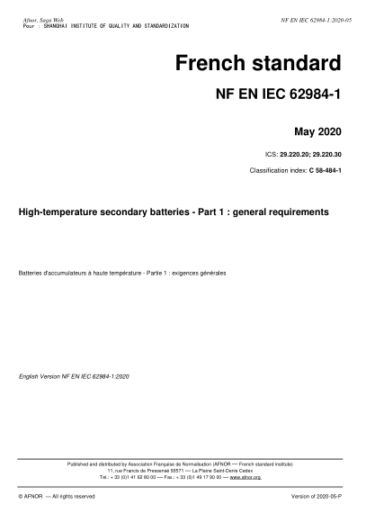 NF EN IEC 62984-1-2020  High-temperature secondary batteries - Part 1 : general requirements