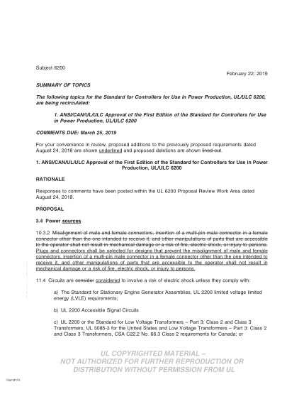 UL 6200 BULLETIN-2019  Ul Outline Of Investigation For Controls For Stationary Engine Driven Assemblies (Comments Due: March 25, 2019)