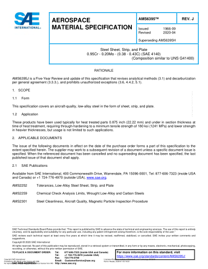 SAE AMS6395J-2020  Steel Sheet, Strip, And Plate 0.95Cr - 0.20Mo - (0.38 - 0.43C) (Sae 4140) (Uns G41400)