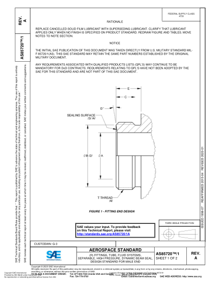 SAE AS85720/1A-2020  (R) Fittings, Tube, Fluid Systems, Separable, High Pressure, Dynamic Beam Seal, Design Standard For Male End