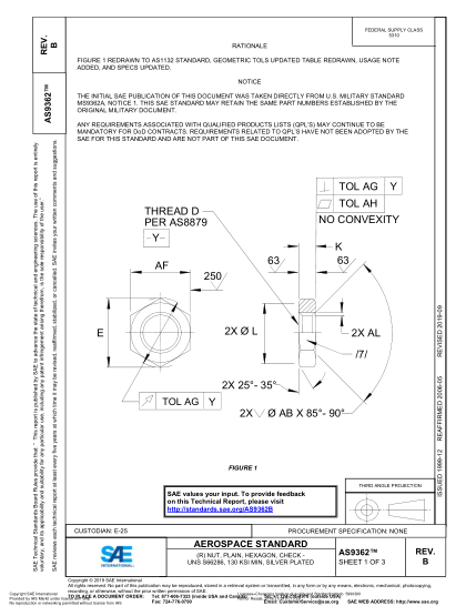 SAE AS9362B-2019  (R) Nut, Plain, Hexagon, Check - Uns S66286, 130 Ksi Min, Silver Plated