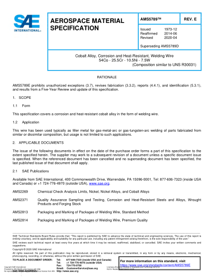SAE AMS5789E-2020  Cobalt Alloy, Corrosion And Heat-Resistant, Welding Wire 54Co - 25.5Cr - 10.5Ni - 7.5W (Uns R30031)