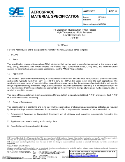 SAE AMS3216H-2017  (R) Elastomer:Fluorocarbon (Fkm) Rubber High-Temperature - Fluid Resistant Low Compression Set 70 To 80