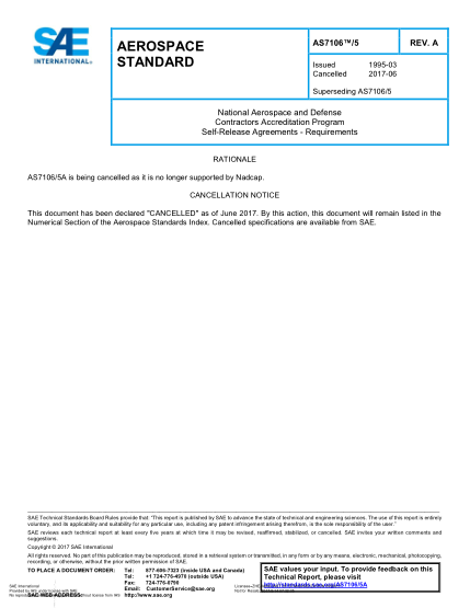 SAE AS7106/5A-2017  National Aerospace And Defense Contractors Accreditation Program Self-Release Agreements - Requirements