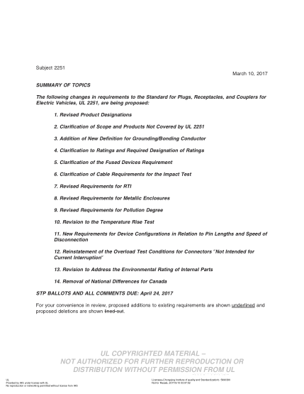UL 2251 BULLETIN-2017   Ul Standard For Safety Plugs, Receptacles, And Couplers For Electric Vehicles (Comments Due: April 24, 2017)
