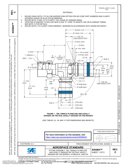 SAE AS5804C-2020  Fitting Assembly, Tee, Female Flareless And Axially Swaged On The Run, Axially Swaged On The Branch, Hydraulic, 3000 Psi
