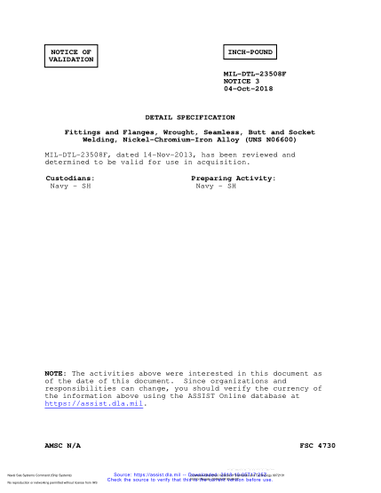 NAVY MIL-DTL-23508F VALID NOTICE 3-2018  Fittings And Flanges, Wrought, Seamless, Butt And Socket Welding, Nickel-Chromium-Iron Alloy (Uns N06600)