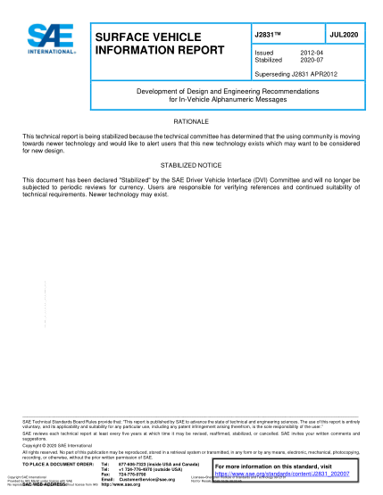 SAE J2831-2020  Development Of Design And Engineering Recommendations For In-Vehicle Alphanumeric Messages