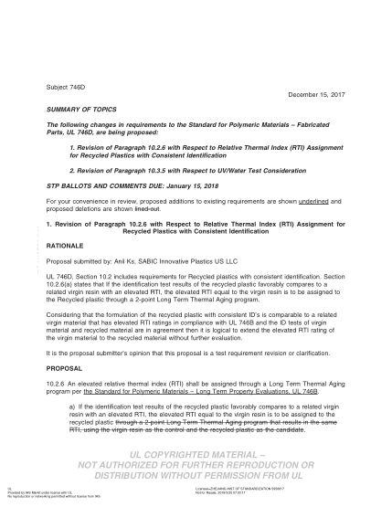 UL 746D BULLETIN/3-2017  Ul Standard For Safety Polymeric Materials - Fabricated Parts (Comments Due: January 15, 2018)