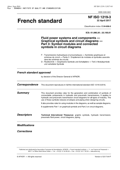 NF ISO 1219-3-2017   Fluid power systems and components - Graphical symbols and circuit diagrams - Part 3 : symbol modules and connected symbols in circuit diagrams