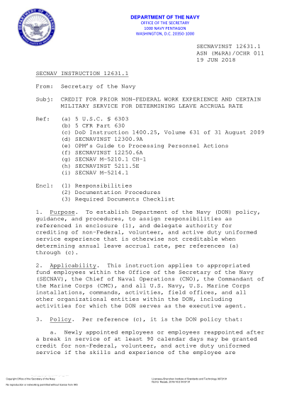 NIDS SECNAV 12631.1-2018  (Asn (M&Ra)/Ochr 011) Credit For Prior Non-Federal Work Experience And Certain Military Service For Determining Leave Accrual Rate