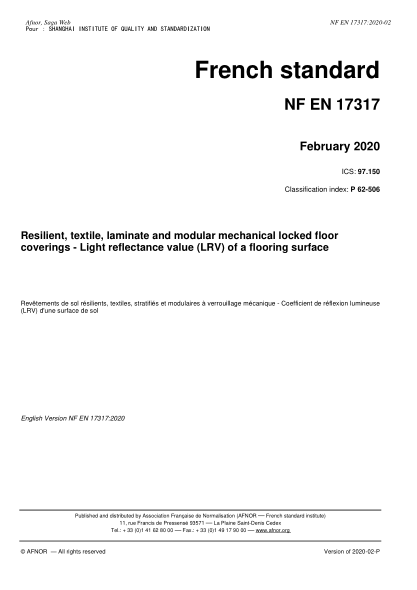 NF P62-506-2020  Resilient, textile, laminate and modular mechanical locked floor coverings - Light reflectance value (LRV) of a flooring surface