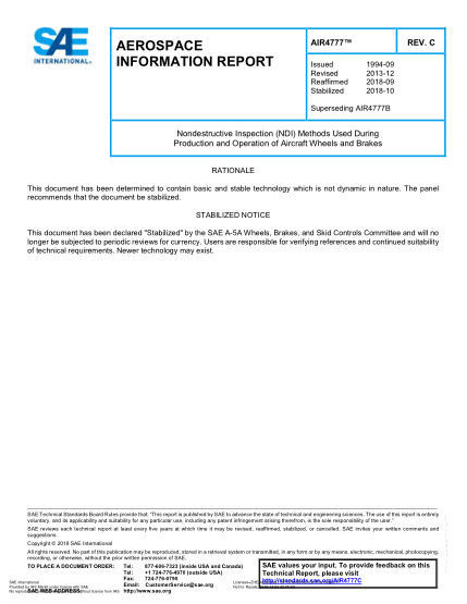 SAE AIR4777C-2018  Nondestructive Inspection (Ndi) Methods Used During Production And Operation Of Aircraft Wheels And Brakes